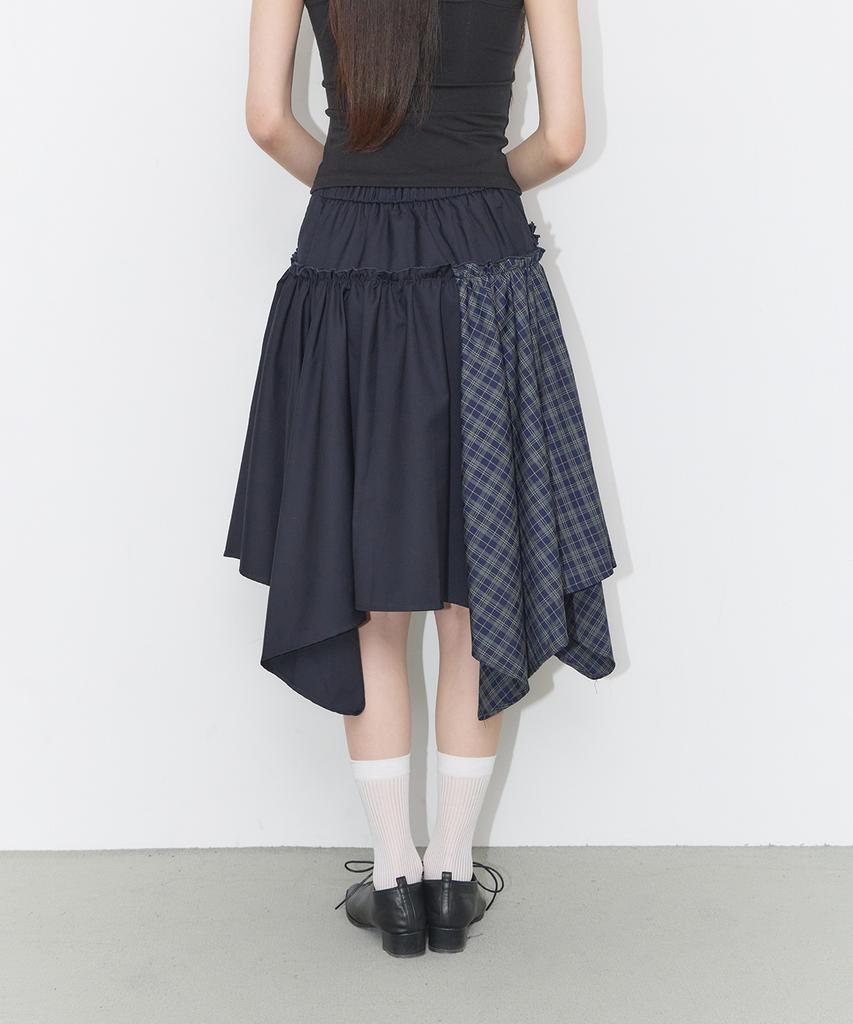 Iligo Check Color Block Midi Skirt Navy