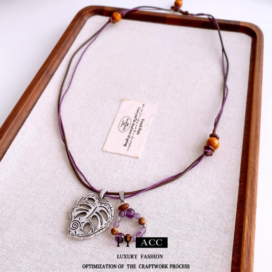 Leather Wood Beads Beaded Leaves Hollow Pendant Necklace Retro Ethnic Style Sweater Chain Simple Versatile Item Decoration