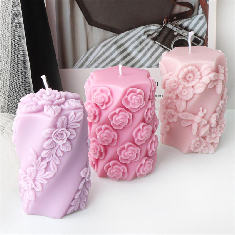 3D Relief Leaf Rose Cylinder Bee Silicone Mold DIY Valentine's Day Romantic Fragrance Candle Plaster Resin Craft Home Decor