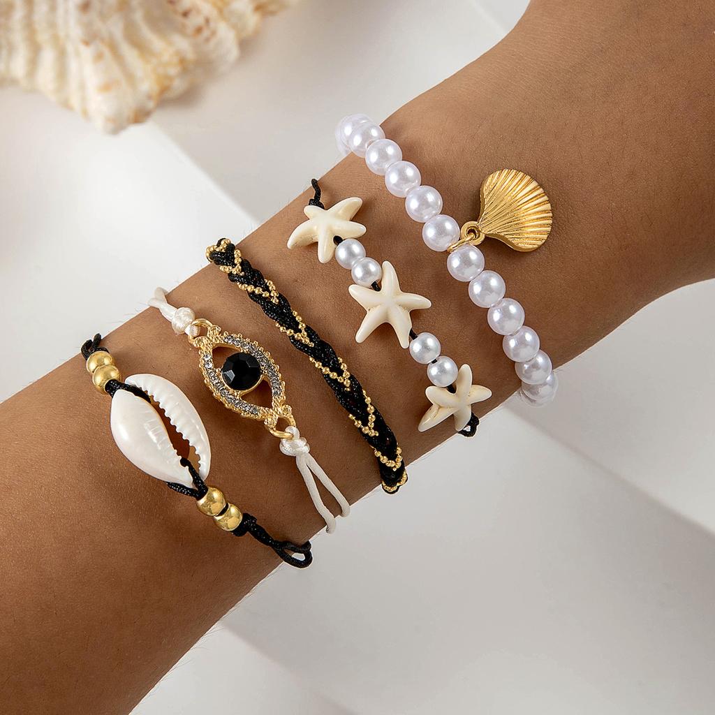 5Pcs Bohemian Shell Starfish Imitation Pearl Bracelet Set for Women Ethnic Style Multilayer Beaded Bangles Beach Party Jewelry