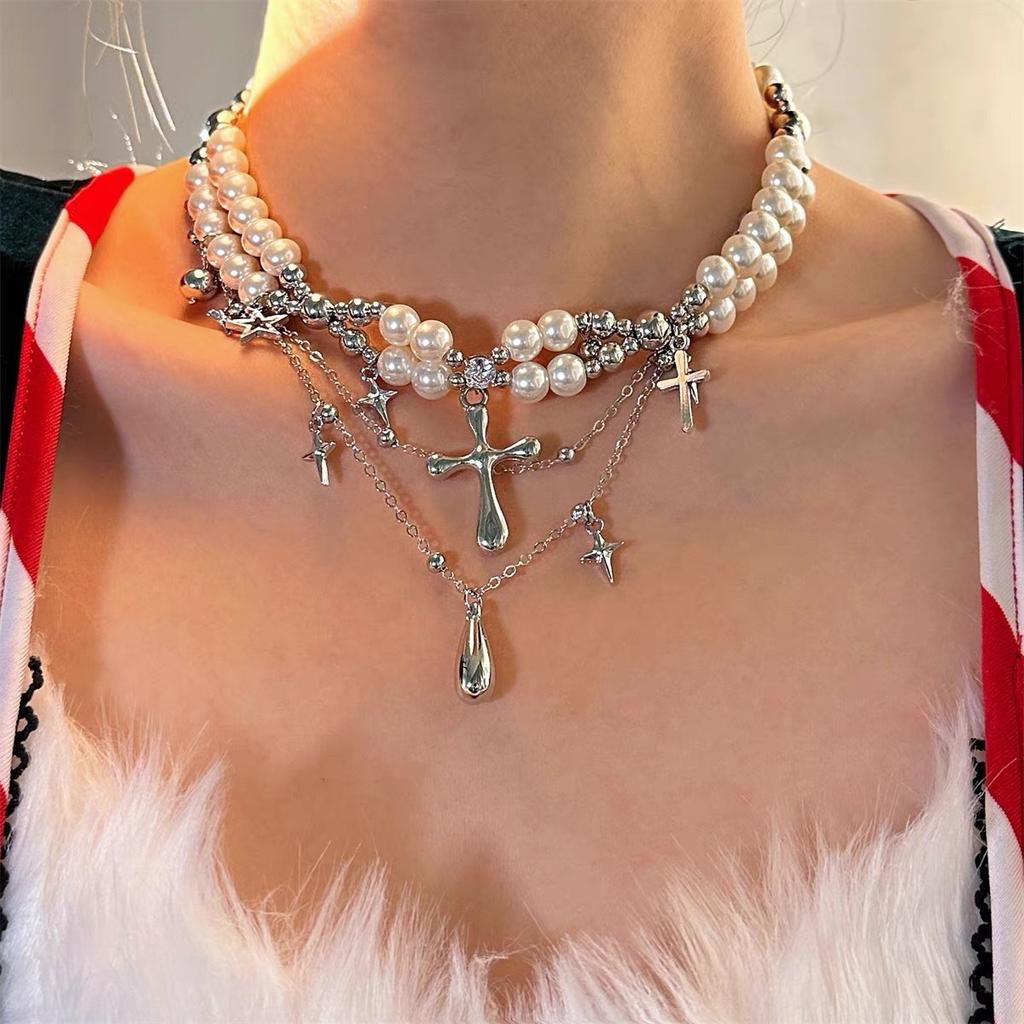 Gothic Multi-layer Stacked White Beaded Necklace Women's Accessories Niche Design Sense Premium Neck Chain Collarbone Chain Jewelry