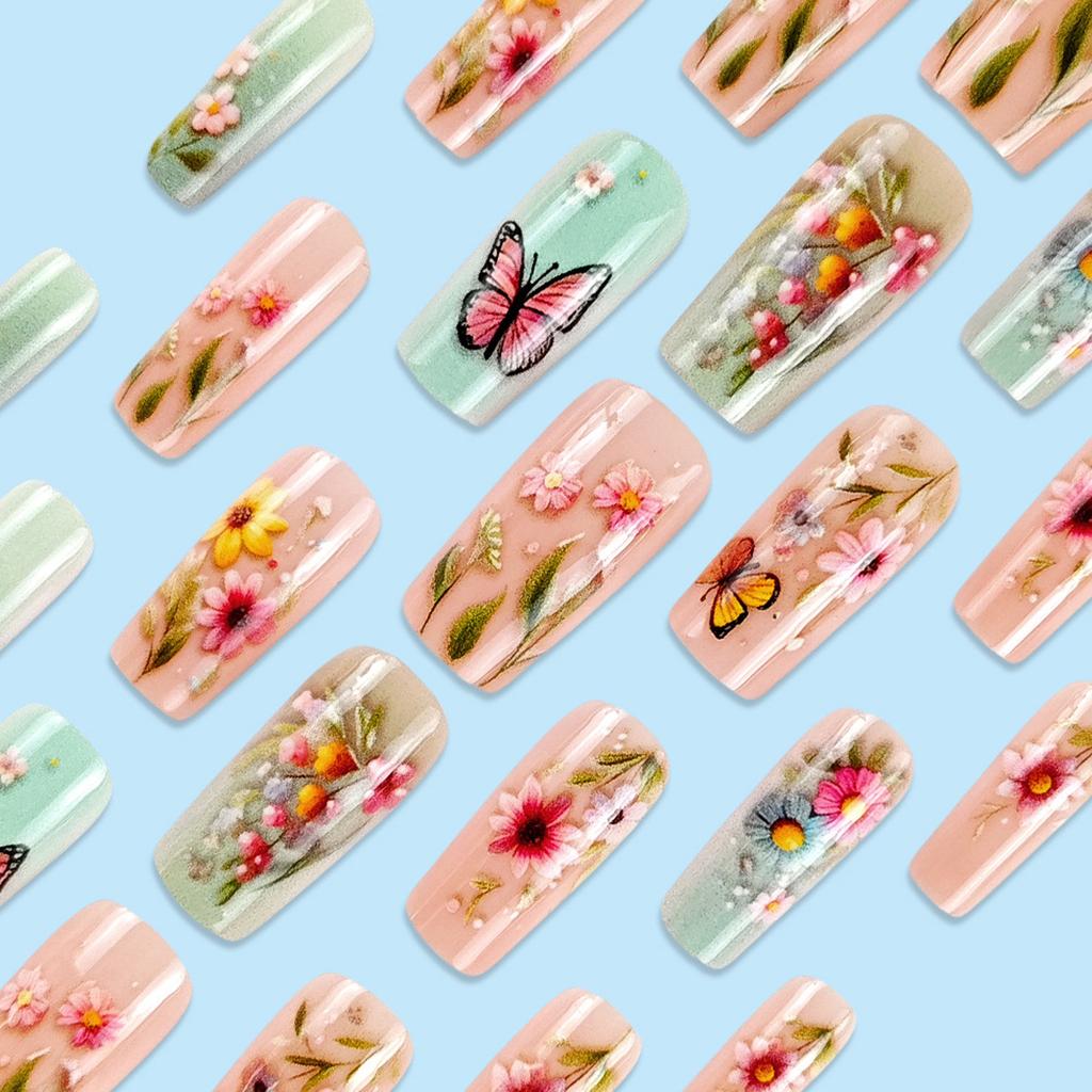 Square Press On Nails Flower Fake Nails Stick On Nails In 12 Sizes 24 Pcs French Nails Tips for DIY Nail Art Decorations