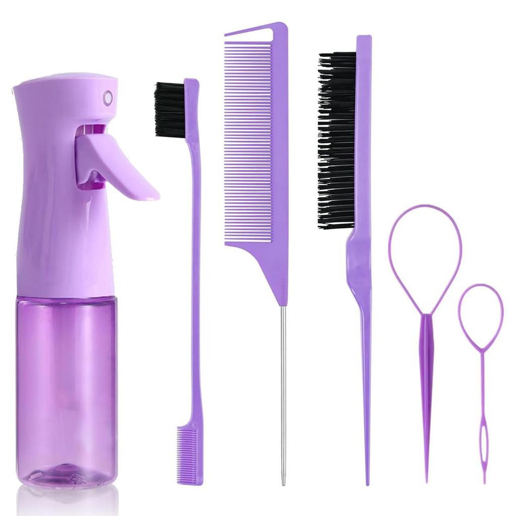 6-Piece Hair Styling Comb Set, with Continuous Spray Bottle, 200ml Brush, Rat Tail Comb, Edge Control Hairbrush for Backcombing,