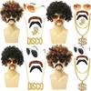 1 Set Men'S Black Short Curly Synthetic Cosplay Wig Gold Brown 70S 80S Disco Mustache Gold Chain Halloween Costume Party Wig