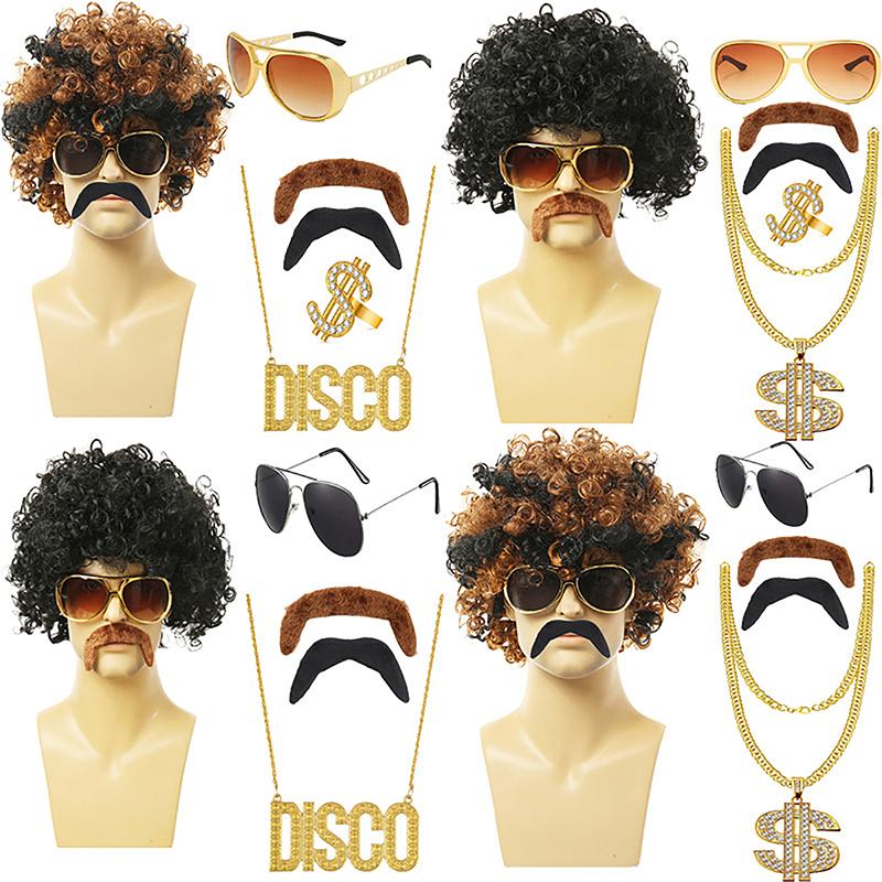 1 Set Men'S Black Short Curly Synthetic Cosplay Wig Gold Brown 70S 80S Disco Mustache Gold Chain Halloween Costume Party Wig