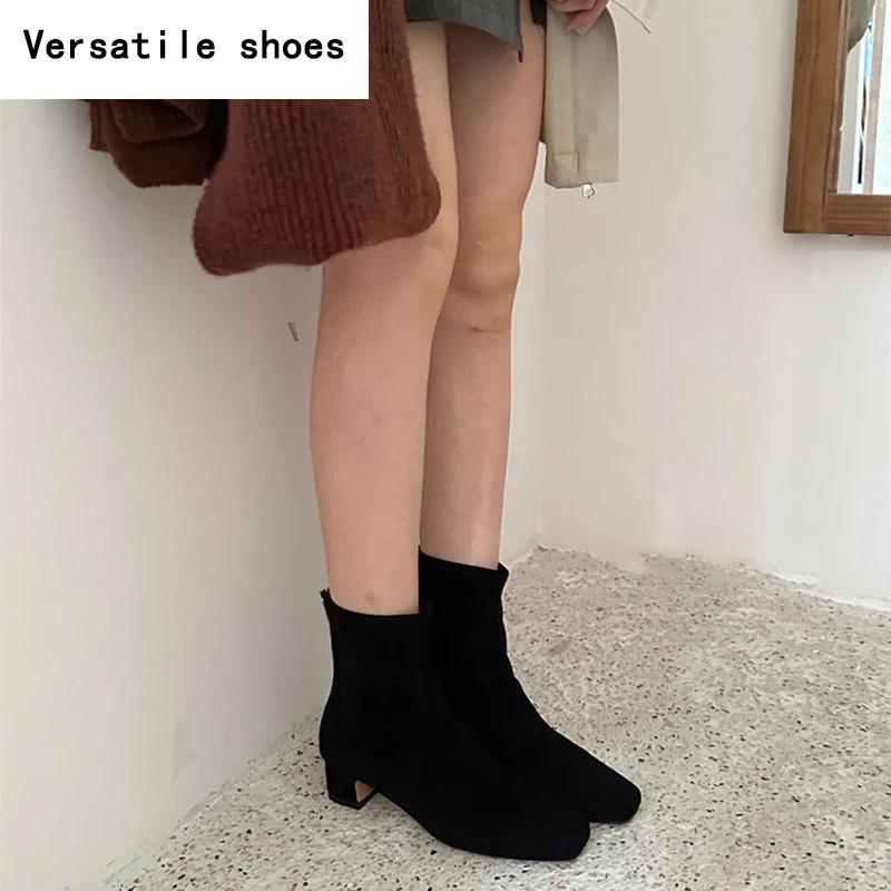 Stivaletti Corti da Donna a Punta, Slim, con Cerniere Posteriori alla Moda, Stivaletti alla Caviglia, Stile Retrò, Tacchi Quadrati, Scarpe Autunno Inverno