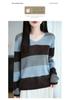 Korean Color Block V-Neck Knit Sweater - Women's Casual Striped Loose Fit for Early Autumn