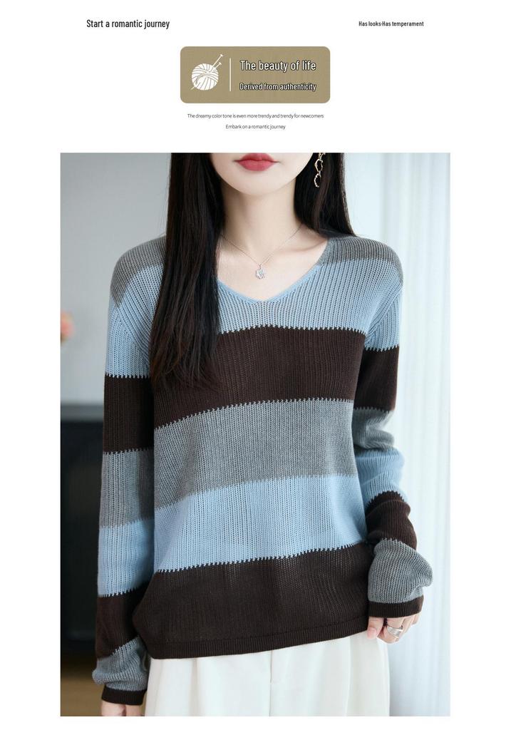 Korean Color Block V-Neck Knit Sweater - Women's Casual Striped Loose Fit for Early Autumn