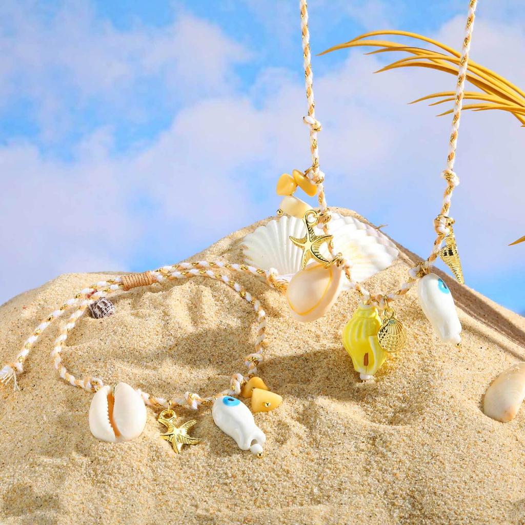 Ocean Sea Necklace, Starfish Shell Conch Fish Charms Pendant, Bohe Rope Summer Beach Jewelry for Women Girls