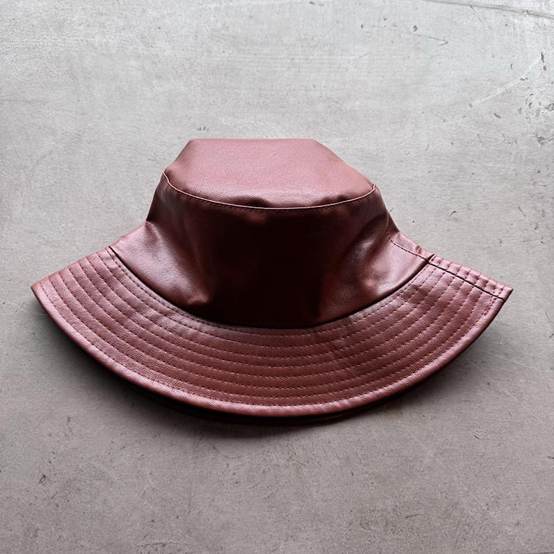Vintage Pu Leather Bucket Hat With Wide Brim For Streetwear And Sun Protection