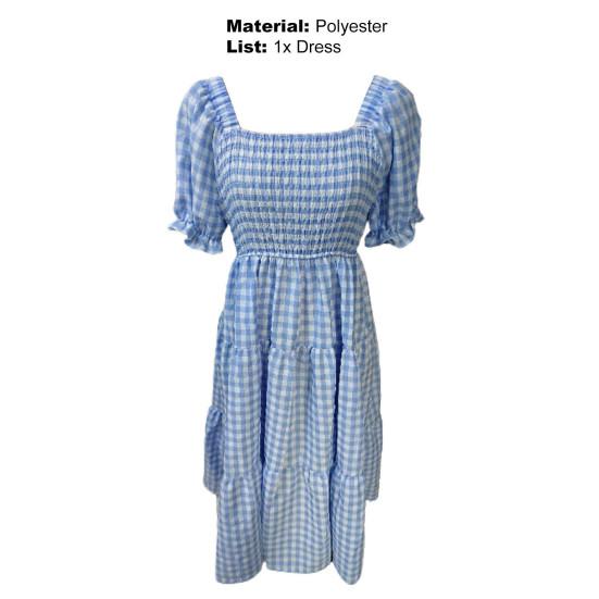 Damen Kleid Karomuster Puffärmel Eckiger Ausschnitt Hohe Taille Sommer Swing Kleid