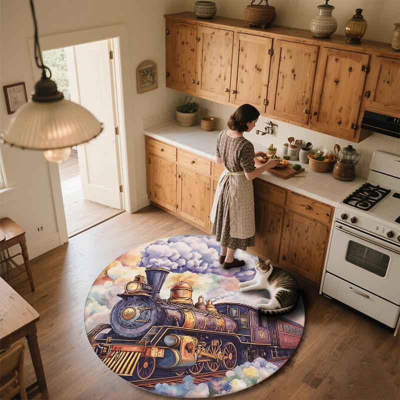 Steam Train,Round Area Rug,Carpet Rug for Living Room Bedroom Sofa Playroom Decor,Non-slip Floor Mat
