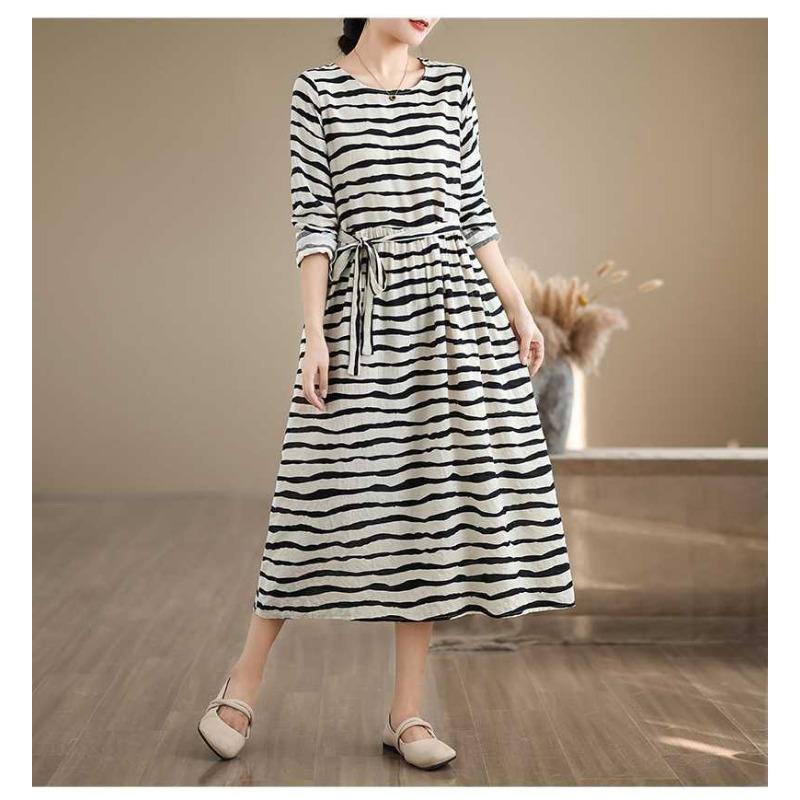 Striped Printed Round Neck Long Sleeve Tie Dress
