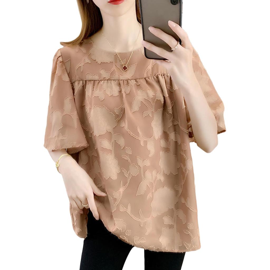 floral summer [MEME XTRA] Women's short-sleeved shirt, loose-fitting blouse, top, figure-covering, lined, plain, cute, thin, slimming, office,