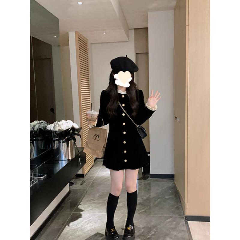 Velvet dress women's long-sleeved small black dress new single-breasted design waist and thin temperament