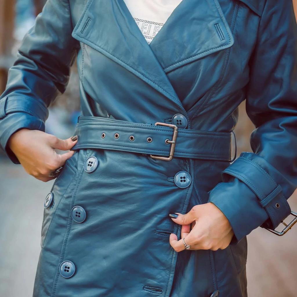 Trench Coat Leather Winter Designer Blue Long Belt Lambskin Women Stylish