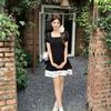 French Audrey Hepburn-Style Dress Square-Neck Waist-Cinching Little Black Dress Color-Block Paneled Skirt