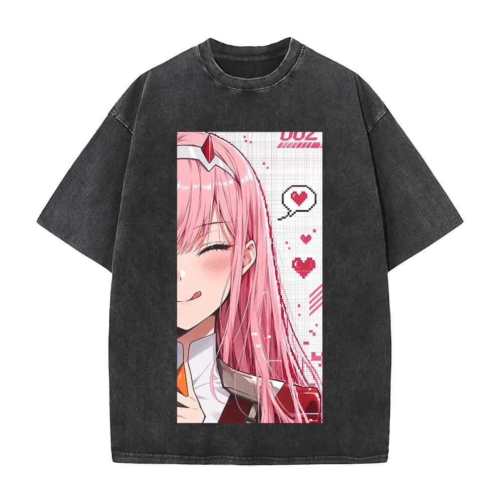 Darling In The Franxx Zero Two Printed Clothing Men Women Vintage Washed Tshirts Cotton T Shirt Short Sleeve Loose Streetwear
