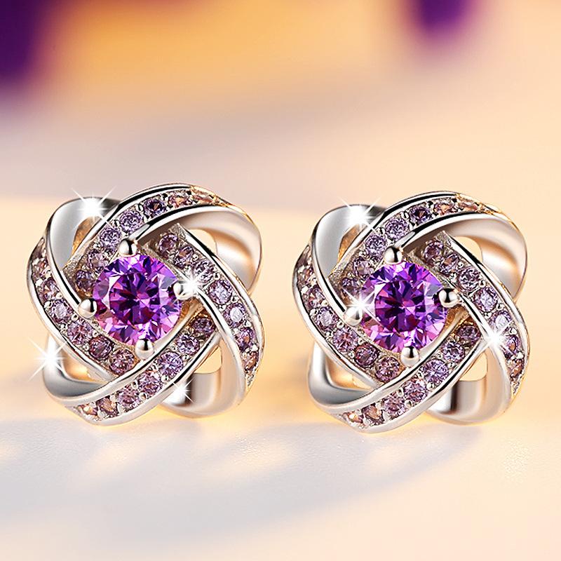 925 Silver Plated Zircon Earrings, Fashionable Rotating Four-Leaf Clover Earrings, Purple Diamond Temperament Ear Jewelry.
