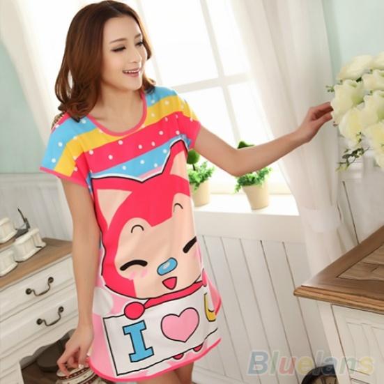 Cute Women Cartoon Panda Sleepwear Pajamas Short Sleeve Sleepshirt Nightdress