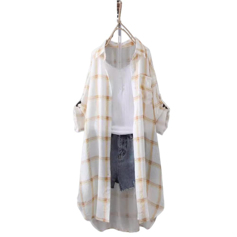 2024 Korean Style Women's Mid-Length Plaid Sunscreen Shirt - Lightweight Summer Jacket