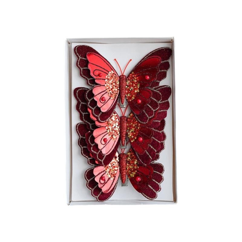 Pack Of 3 Double Layer Butterfly Christmas Tree Clip Accessory Elegant Fabric Ornament For Holiday Decorations