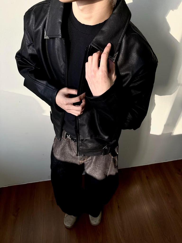 Veste en Cuir Noir Rétro pour Homme - Style Hipster Tendance Pilote avec Texture Craquelée pour le Port en Moto Printemps et Automne