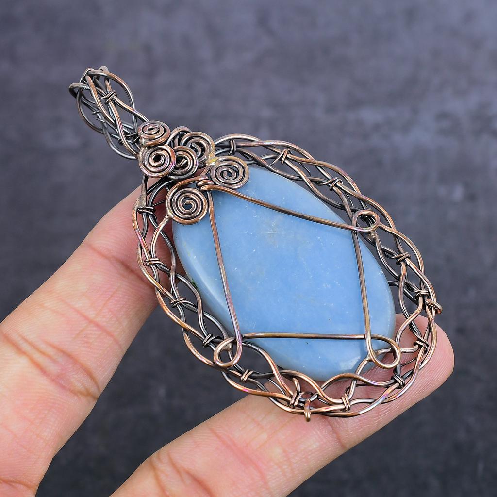 Natural Angelite Stone Gemstone Copper Wire Wrap Jewelry Pendant 3.47" g3K04