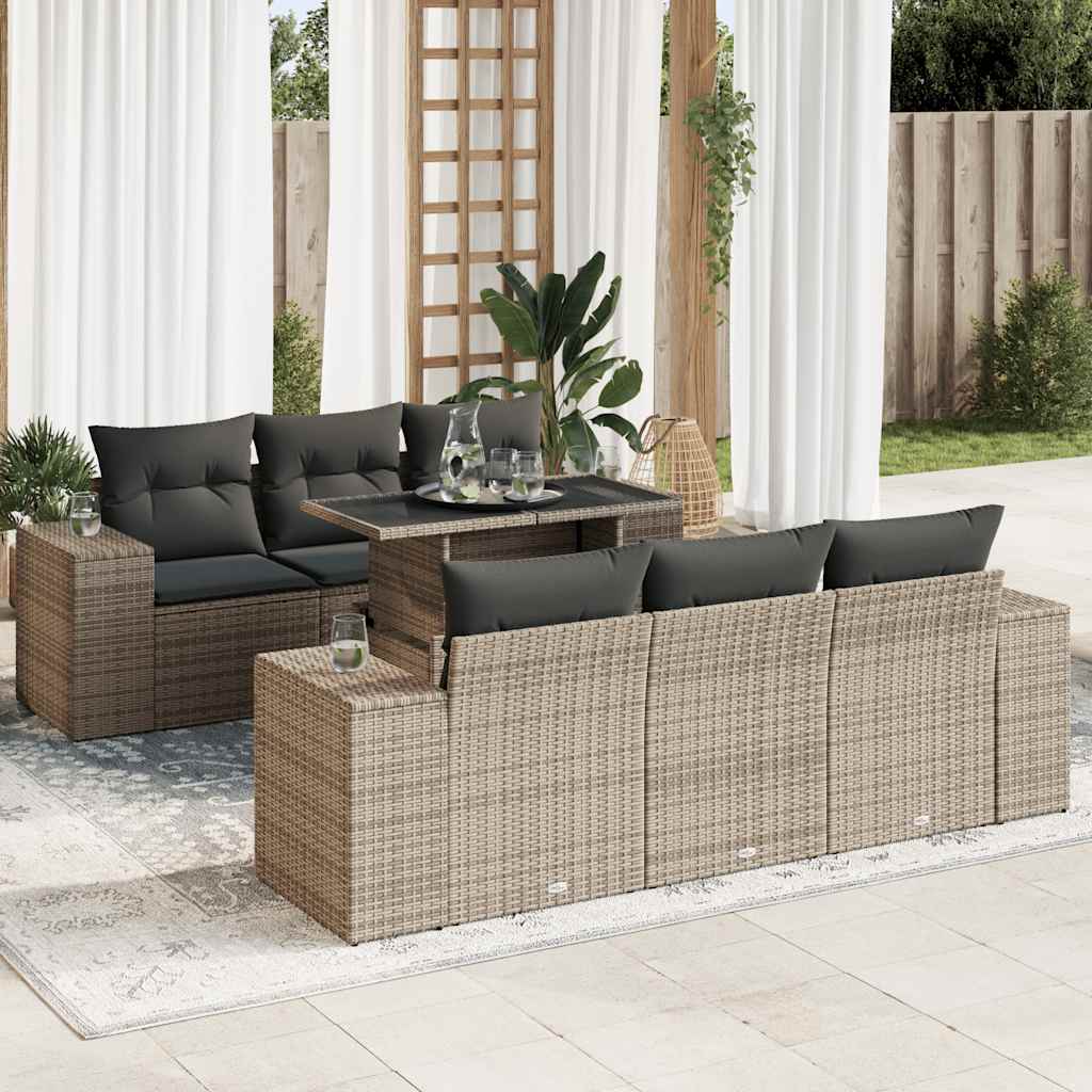7 Piece Garden Sofa Set with Cushions Gray Poly Rattan