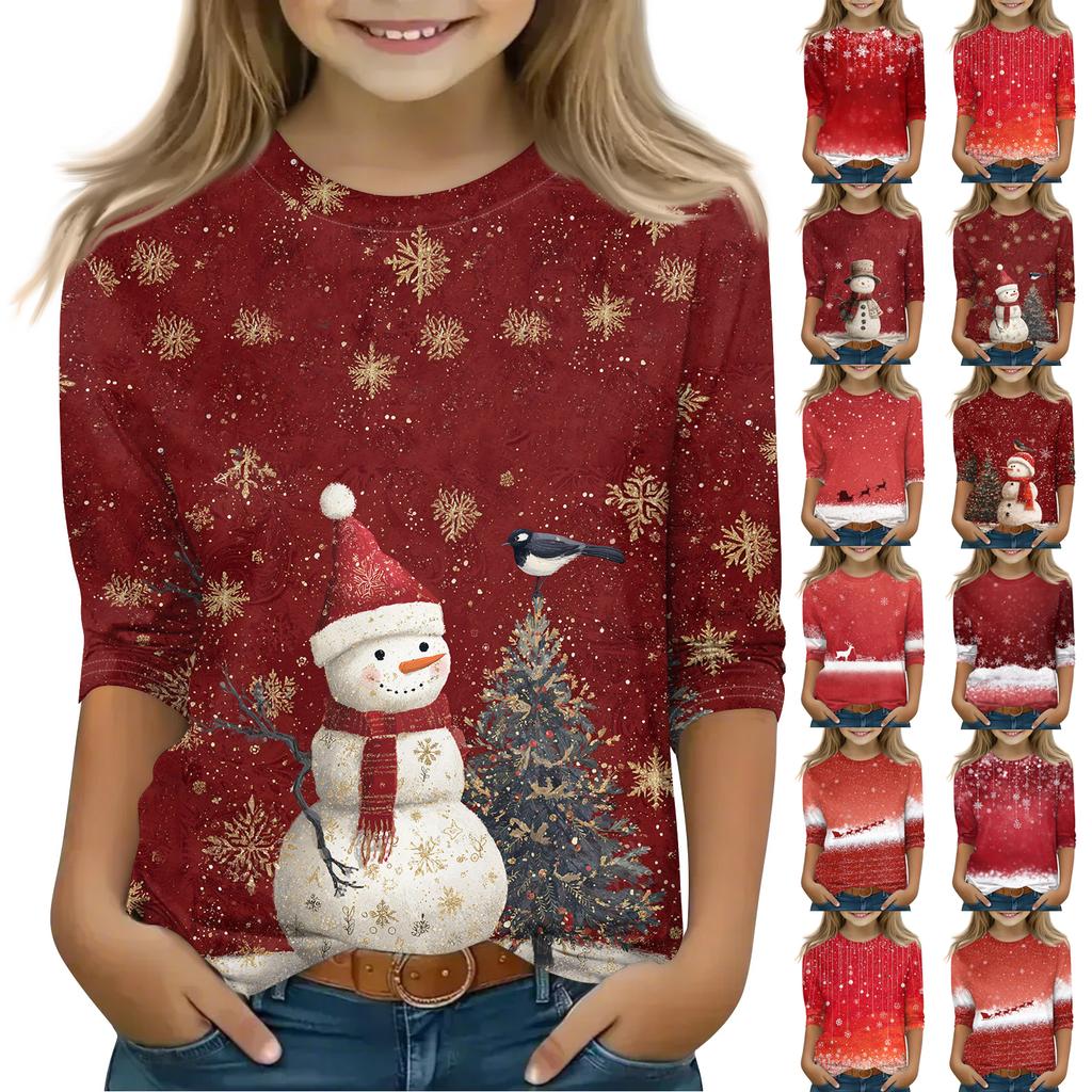 Christmas Day Print Tops For Youth Girls 4-11 Years Round Neck 3/4 Sleeves T-Shirts Trendy Tops Outfit Tees