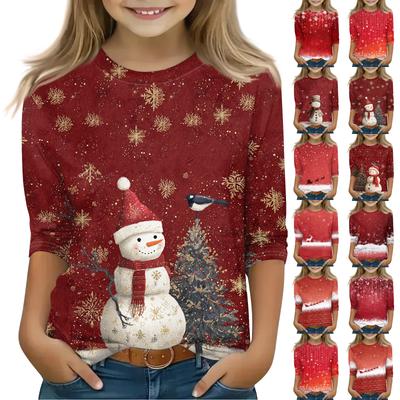 Christmas Day Print Tops For Youth Girls 4-11 Years Round Neck 3/4 Sleeves T-Shirts Trendy Tops Outfit Tees