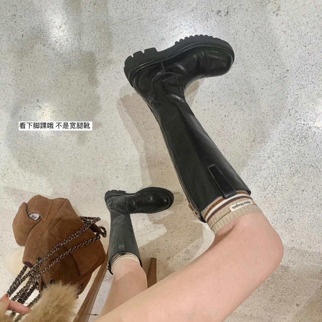 Cowhide version~ pleated leather thick-soled stacked boots women's rear zipper thick heel muffin tall knight boots long boots