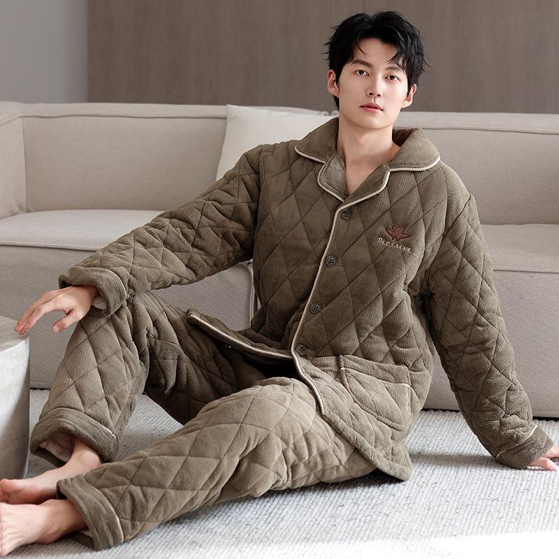 Pajamas Men's Winter 1011 New Three-layer Thickened Fleece Padded Cotton Autumn and Winter Middle-aged Dad Large Size Winter Loungewear
