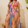 Rainbow Print Halter Bikini & Cover-Up 3-Piece Swimsuit Set