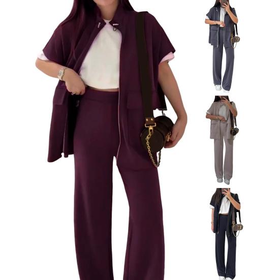 Women's Two Piece Outfit Casual Full Zip-up Short Sleeve Shirt And Wide Leg Pants Set Casual Lounge Tracksuit
