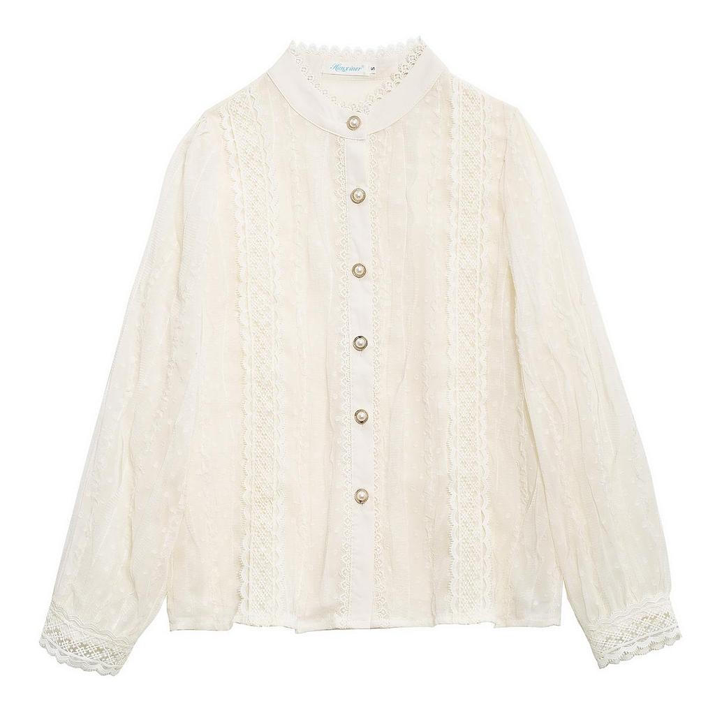 Autumn Fashion New 2024 Long Sleeve Stand Collar Apricot Lace Chiffon Blouse Shirt Women Tops Blouses Shirts J472