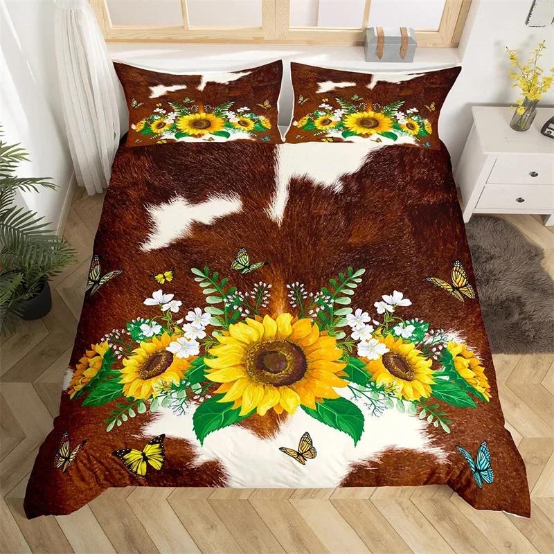 Comforter Sunflower Highland Cow Western Farm Animal Bedding Set Cowhide Comforter Microfiber Twin King Queen Bedclothes
