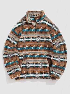Sweat-shirt polaire moelleux à imprimé ethnique tribal aztèque pour homme avec poche zippée