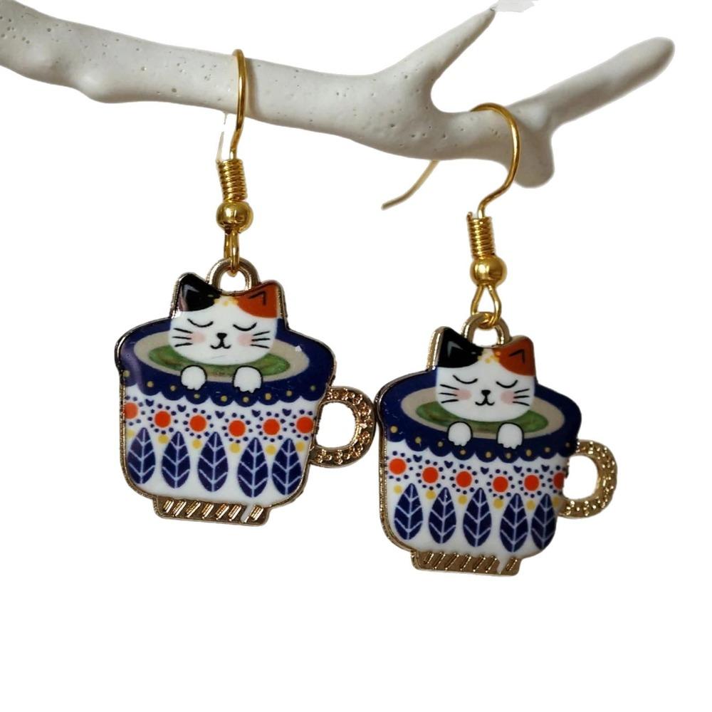 Creative Personality Colored Print Teacup Cat Animals Dangle Earrings for Women Men Cartoon Cute Kitten Jewelry Accessories Gift