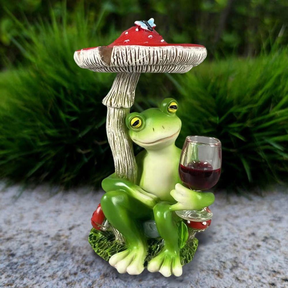 Red/Yellow Mushroom Sitting Frog Ornament Holding Wine Cup Frog Home Decor Outdoor Decor