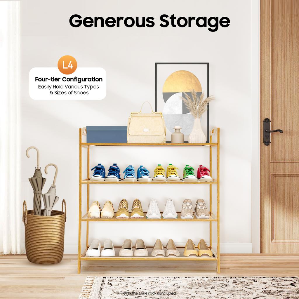 4-Layer Natural Bamboo Shoe Rack, Multi-Functional Open Shoe Storage Rack,  for Entryway, Hallway,Closet Shoe Organization
