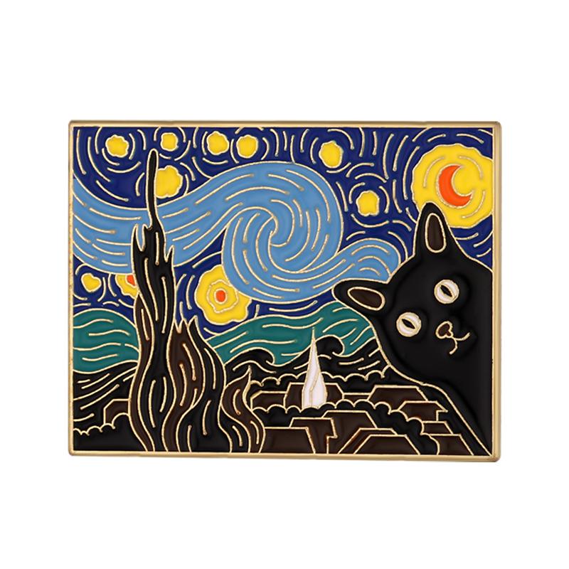 Cats in Oil Painting Enamel Pin Custom Funny Black Kitten Sunflower Brooch Lapel Badge Animal Jewelry Gift for Kids Friends