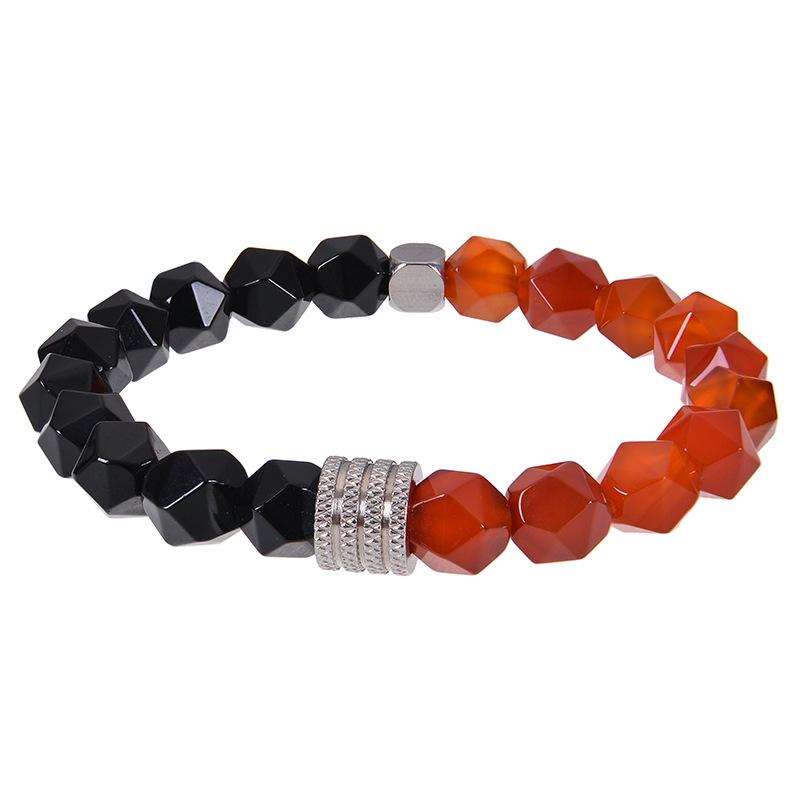 Men's Retro Stainless Steel and Beaded Bracelet with 10mm Faceted Amazonite and Black Obsidian.