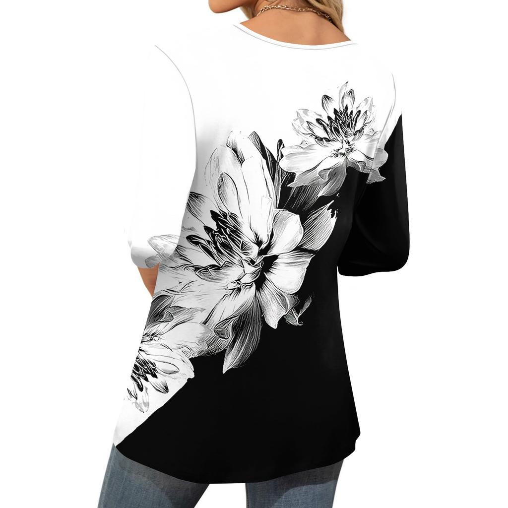 Women's Fashion Casual Three-quarter Sleeve Printed Round Neck Top