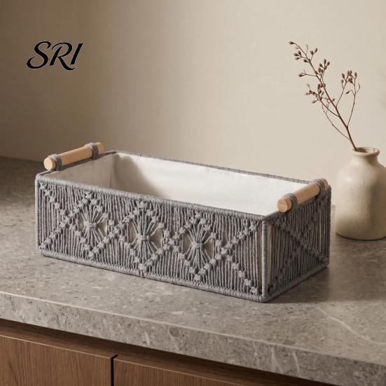 Neat Countertop Storage Box with Wooden Handles Large Capacity Basket Sturdy Frame Organizer Woven Design for Cosmetics And Sundries Space-saving