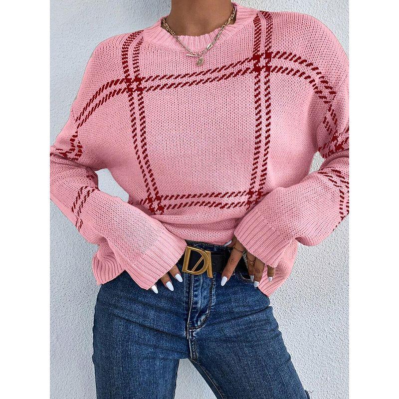 European and American Leisure All-Match O-neck pullover Top Women 2025 Winter New Plaid Patchwork Drop Shoulder Sweater Women