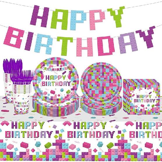 98PCS Building Blocks Birthday Party Supplies Building Blocks Party Decoration Boys Girls Colorful Building Blocks Theme Paper Plates and Napkins Building Blocks