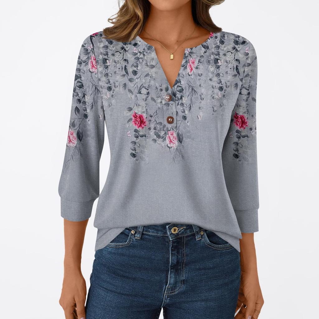 Damesmode Casual 3/4 Mouw T-shirt Prints V-hals Knoop Top