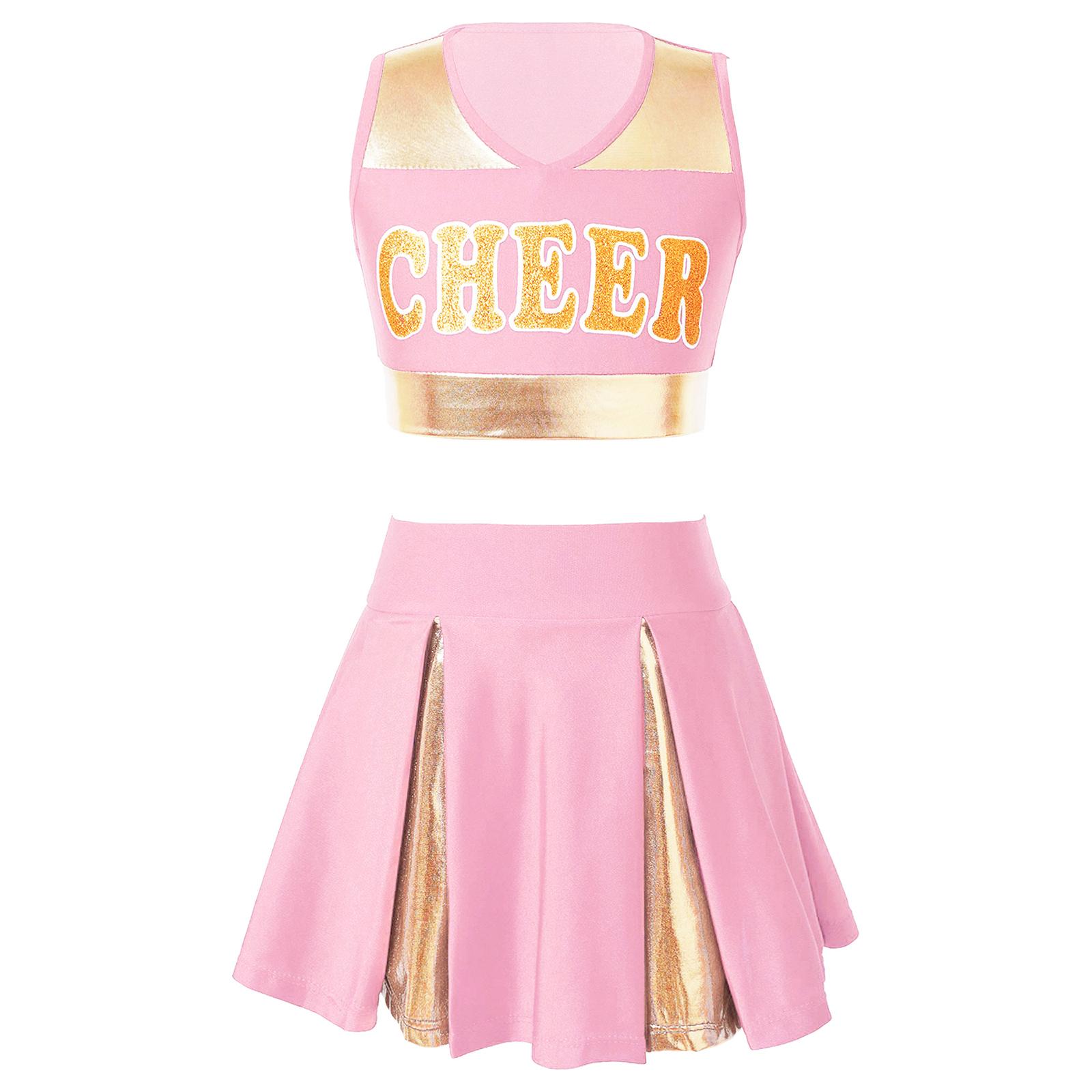 

Kids Girls Cheerleading Dance Set Patchwork Style Sleeveless V Neck Letter Print Crop Top with Elastic Waist Skirt 13-14 Years