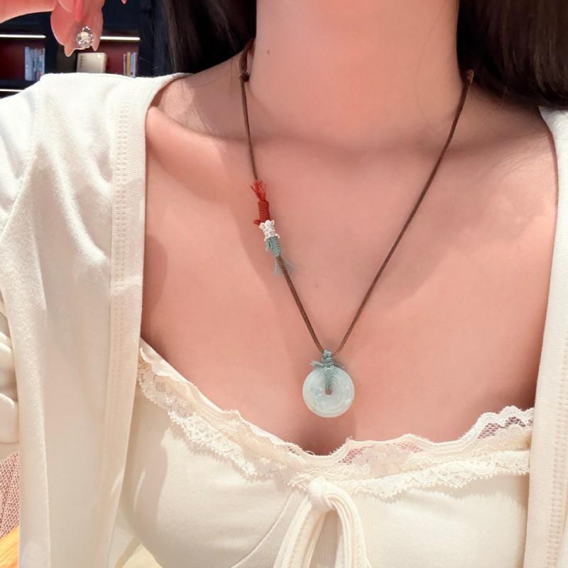 Natural Jade Pendant Necklace Women Handcrafted Rope Chain With Serene Mountain Green Stone Minimalist Zen Style Daily Wear